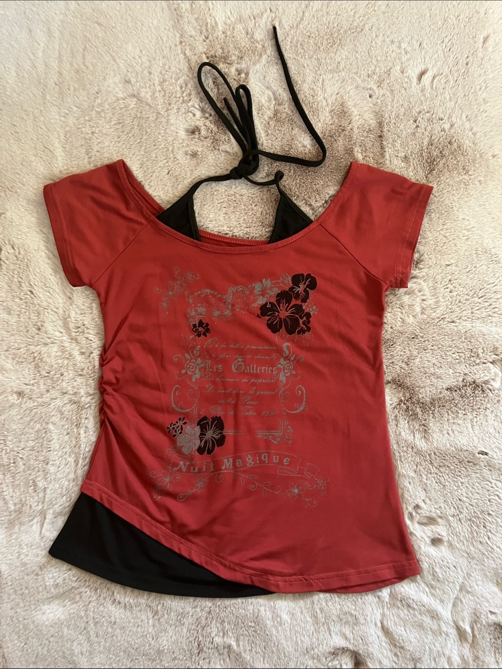 Y2k Red Floral Scoop Neck Short Sleeve Layered Blouse with Black Halter Detail